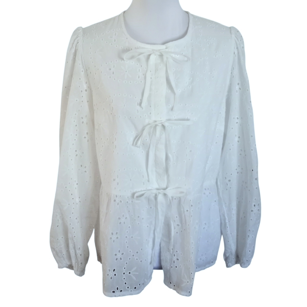 Kirundo White Eyelet Tie-Front Peplum Blouse Sz.M EUC - Picture 2 of 7